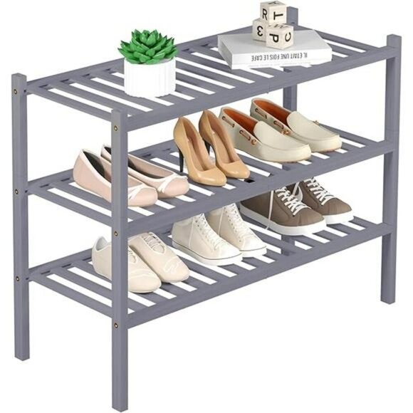 3 Tier Bamboo Shoe Rack Stackable Wood Shelf Organizer for Closet Entryway - Picture 8 of 8